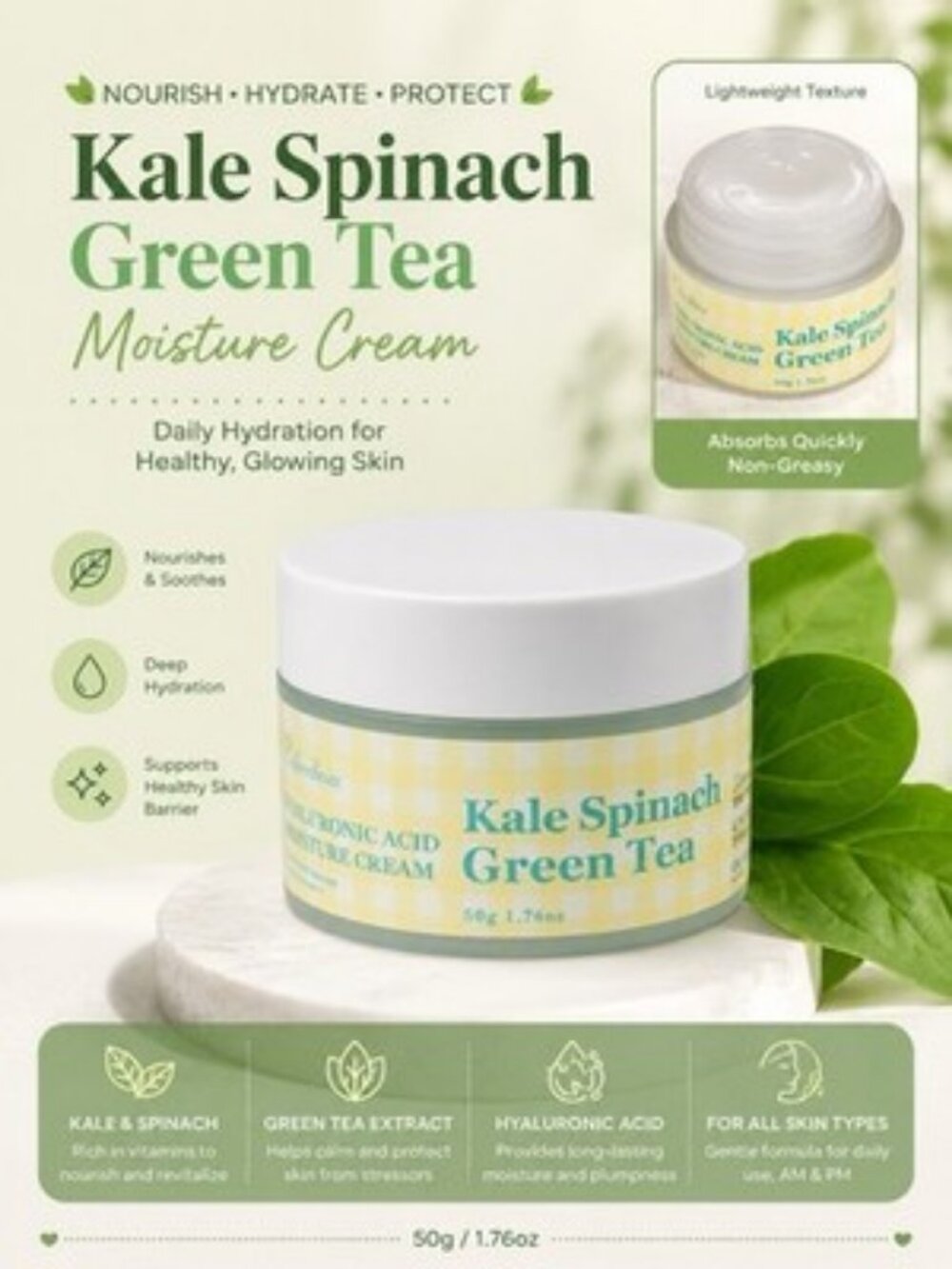 Colorchoice Kale Spinach Green Tea Hyaluronic Acid Moisture Cream 50g New